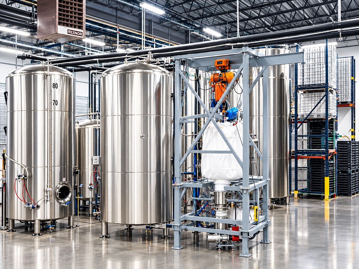 Stainless steel holding tanks and an automated super sack handling rig on the production floor at Auroch Canning, Spring Lake Park, MN